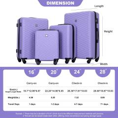 luggage 4-piece ABS lightweight suitcase with rotating wheels, 24 inch and 28 inch with TSA lock, (16/20/24/28) Light Purple