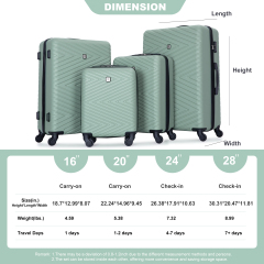 luggage 4-piece ABS lightweight suitcase with rotating wheels, 24 inch and 28 inch with TSA lock, (16/20/24/28) Olive Green