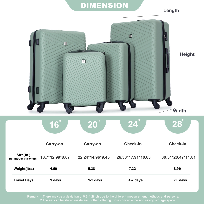 luggage 4-piece ABS lightweight suitcase with rotating wheels, 24 inch and 28 inch with TSA lock, (16/20/24/28) Olive Green