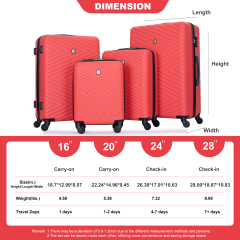 luggage 4-piece ABS lightweight suitcase with rotating wheels, 24 inch and 28 inch with TSA lock, (16/20/24/28) Red
