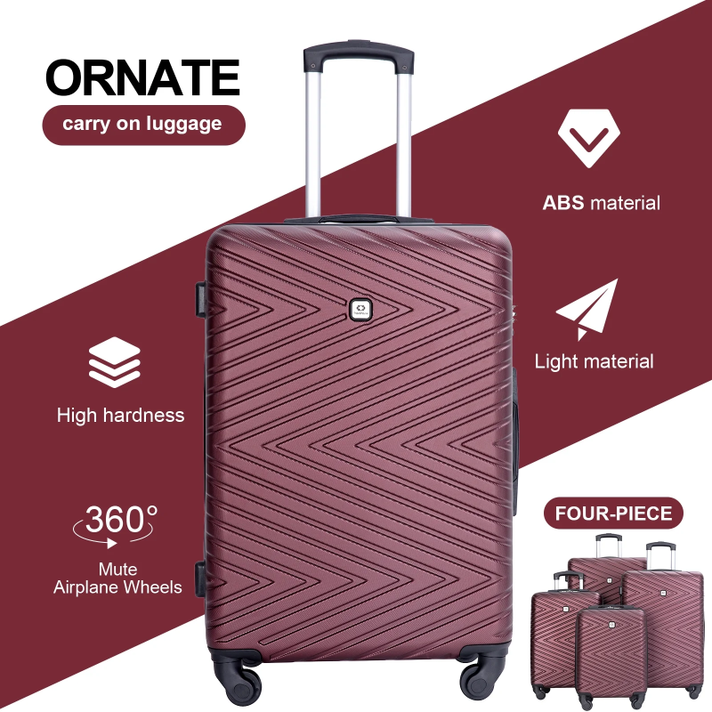 luggage 4-piece ABS lightweight suitcase with rotating wheels, 24 inch and 28 inch with TSA lock, (16/20/24/28) Wine Red