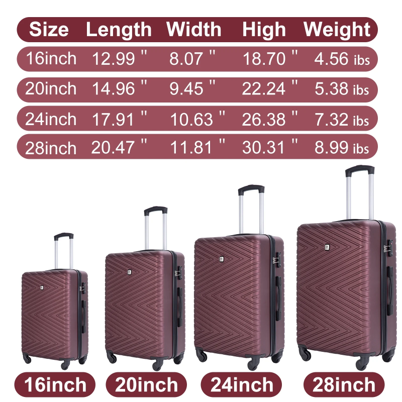 luggage 4-piece ABS lightweight suitcase with rotating wheels, 24 inch and 28 inch with TSA lock, (16/20/24/28) Wine Red