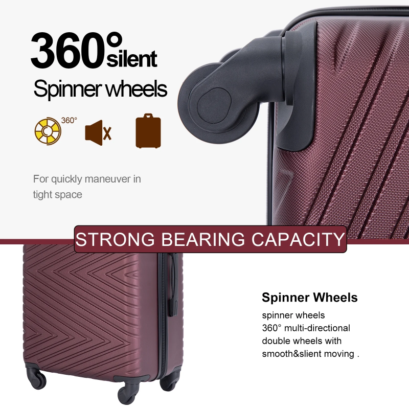 luggage 4-piece ABS lightweight suitcase with rotating wheels, 24 inch and 28 inch with TSA lock, (16/20/24/28) Wine Red