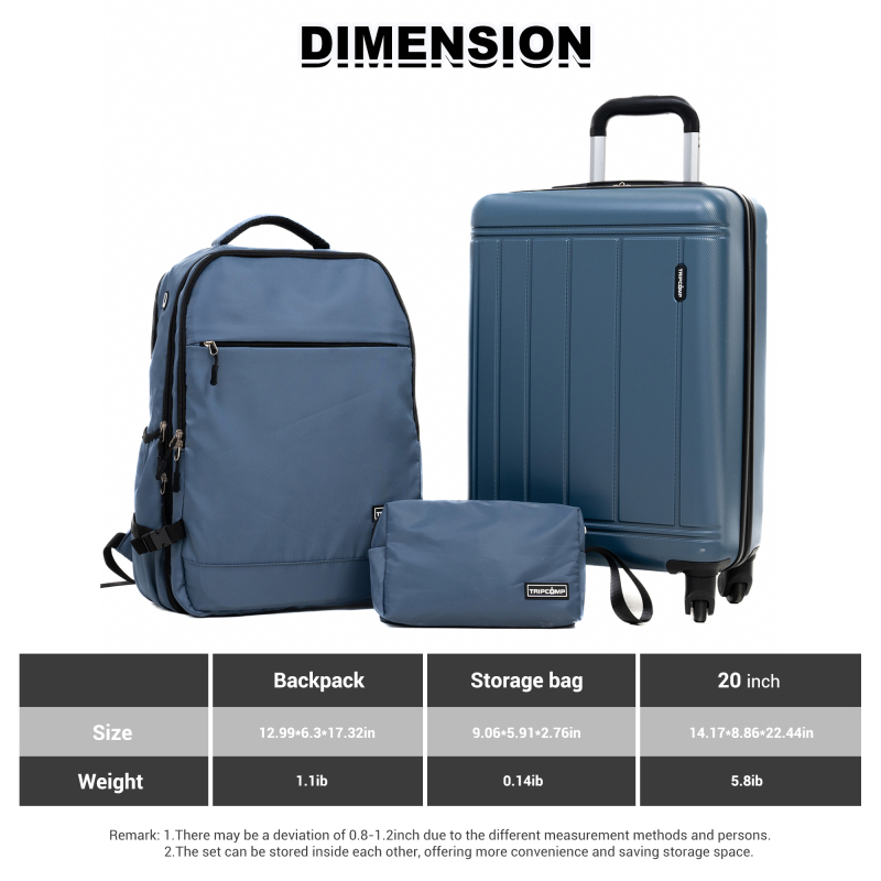 Tripcomp Luggage Sets 3 Piece,Travel Backpack Hardside Suitcase with Spinner Wheels Lightweight Carry On (Blue)