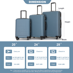 3 Pieces Luggage Sets ABS Lightweight Suitcase with Two Hooks, Spinner Wheels, TSA Lock, (20/24/28) Blue