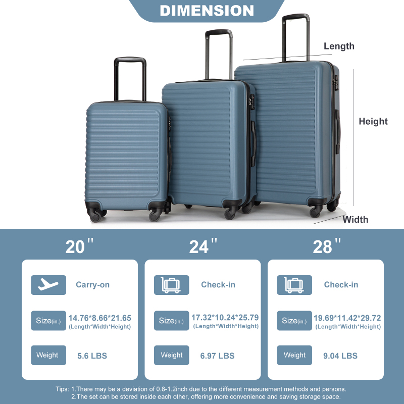 3 Pieces Luggage Sets ABS Lightweight Suitcase with Two Hooks, Spinner Wheels, TSA Lock, (20/24/28) Blue