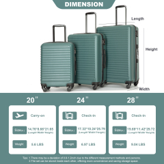 3 Pieces Luggage Sets ABS Lightweight Suitcase with Two Hooks, Spinner Wheels, TSA Lock, (20/24/28) Green