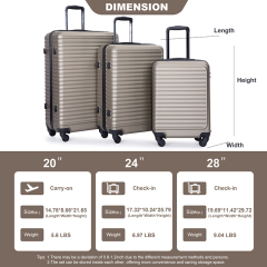 3 Pieces Luggage Sets ABS Lightweight Suitcase with Two Hooks, Spinner Wheels, TSA Lock, (20/24/28) Gold