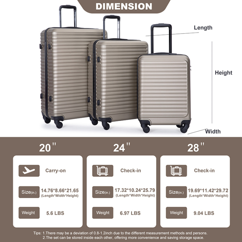 3 Pieces Luggage Sets ABS Lightweight Suitcase with Two Hooks, Spinner Wheels, TSA Lock, (20/24/28) Gold