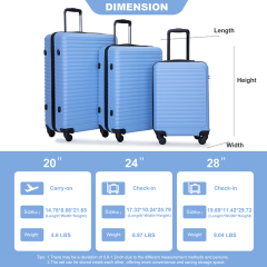 3 Pieces Luggage Sets ABS Lightweight Suitcase with Two Hooks, Spinner Wheels, TSA Lock, (20/24/28) Light Blue