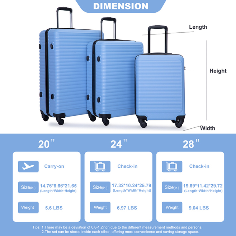 3 Pieces Luggage Sets ABS Lightweight Suitcase with Two Hooks, Spinner Wheels, TSA Lock, (20/24/28) Light Blue
