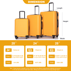 3 Pieces Luggage Sets ABS Lightweight Suitcase with Two Hooks, Spinner Wheels, TSA Lock, (20/24/28) Orange