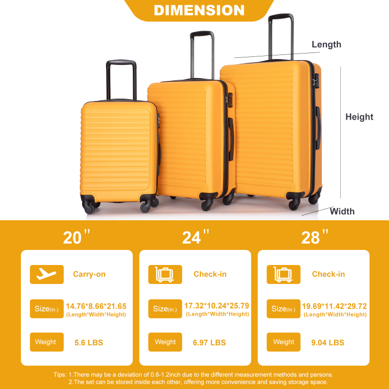 3 Pieces Luggage Sets ABS Lightweight Suitcase with Two Hooks, Spinner Wheels, TSA Lock, (20/24/28) Orange