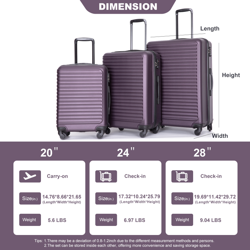 3 Pieces Luggage Sets ABS Lightweight Suitcase with Two Hooks, Spinner Wheels, TSA Lock, (20/24/28) Purple