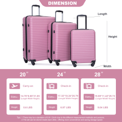 3 Pieces Luggage Sets ABS Lightweight Suitcase with Two Hooks, Spinner Wheels, TSA Lock, (20/24/28) Pink