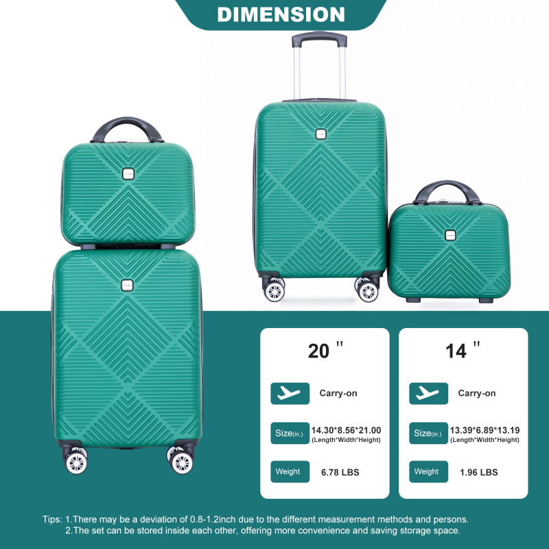 2Piece Luggage Sets ABS Lightweight Suitcase , Spinner Wheels, (20/14)Dark Green