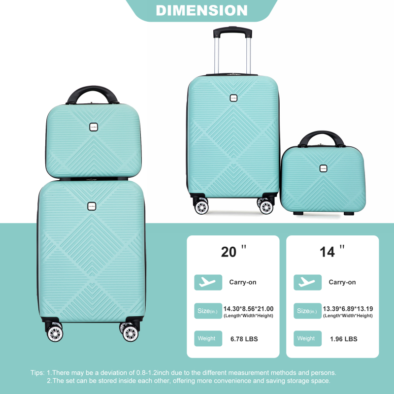2Piece Luggage Sets ABS Lightweight Suitcase , Spinner Wheels, (20/14) Light Blue