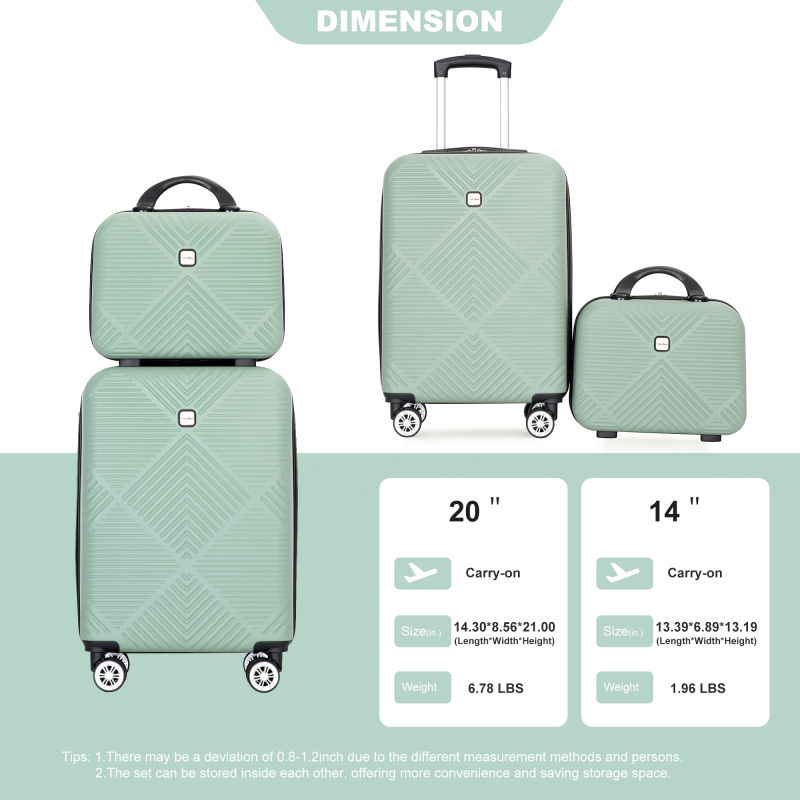 2Piece Luggage Sets ABS Lightweight Suitcase , Spinner Wheels, (20/14)Olive Green