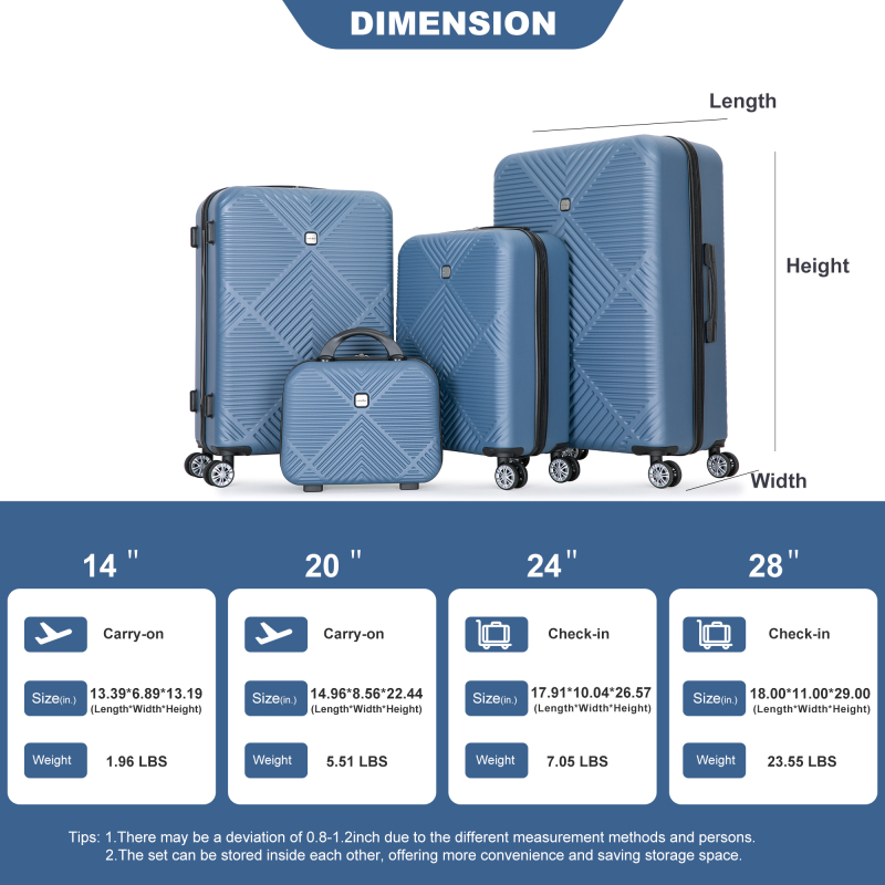 4-piece ABS lightweight suitcase, 14 inch makeup box, aircraft wheels (14/20/24/28) Blue