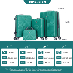 4-piece ABS lightweight suitcase, 14 inch makeup box, aircraft wheels (14/20/24/28) Dark Green