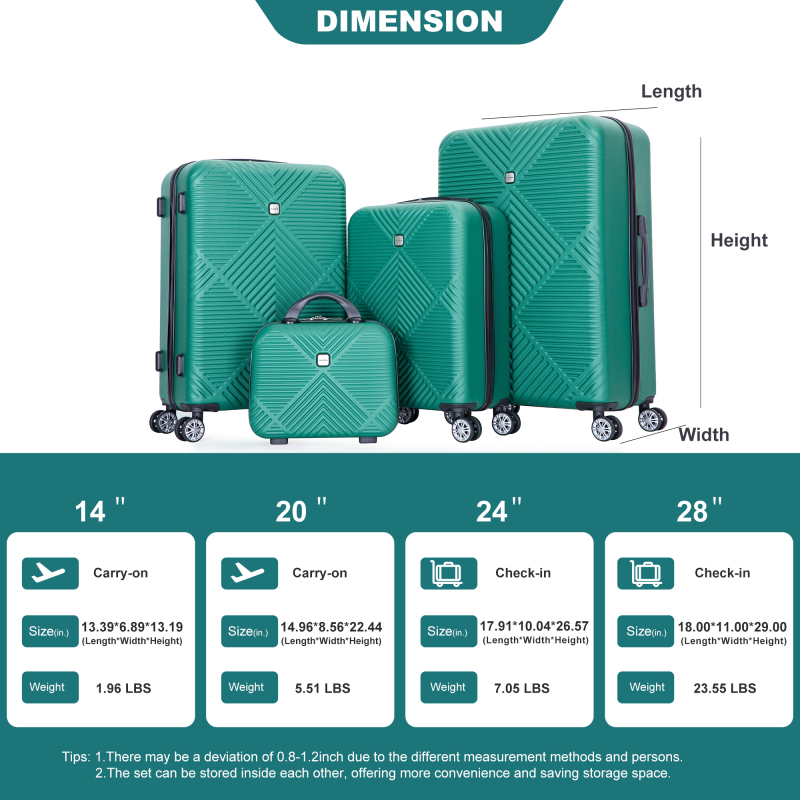 4-piece ABS lightweight suitcase, 14 inch makeup box, aircraft wheels (14/20/24/28) Dark Green