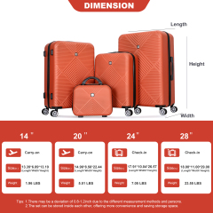 4-piece ABS lightweight suitcase, 14 inch makeup box, aircraft wheels (14/20/24/28) Dark Orange