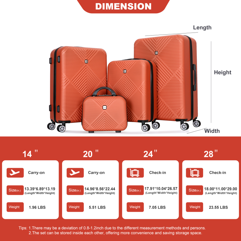4-piece ABS lightweight suitcase, 14 inch makeup box, aircraft wheels (14/20/24/28) Dark Orange