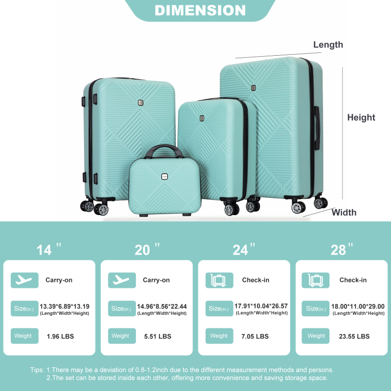4-piece ABS lightweight suitcase, 14 inch makeup box, aircraft wheels (14/20/24/28) Light Blue
