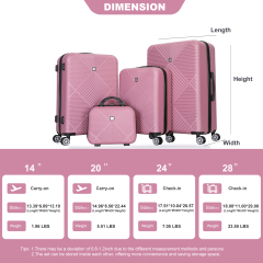 4-piece ABS lightweight suitcase, 14 inch makeup box, aircraft wheels (14/20/24/28) Pink