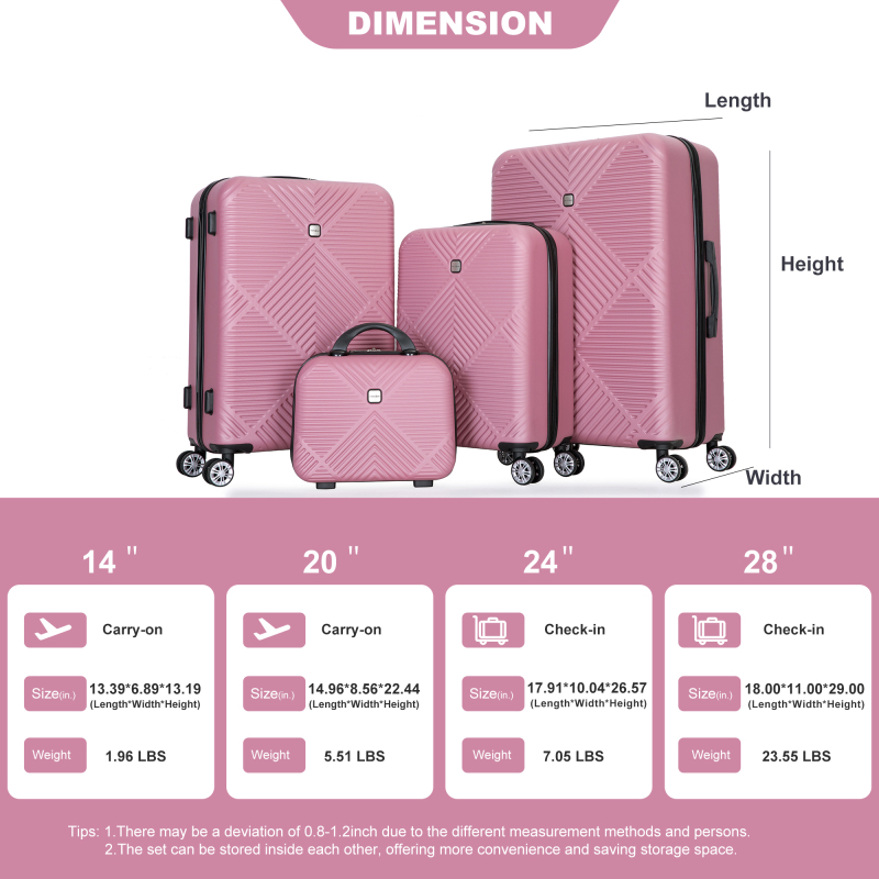 4-piece ABS lightweight suitcase, 14 inch makeup box, aircraft wheels (14/20/24/28) Pink