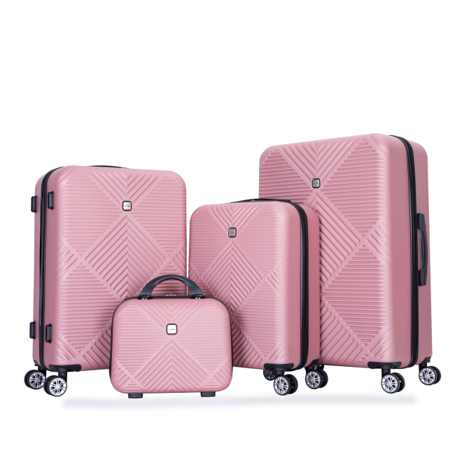 4-piece ABS lightweight suitcase, 14 inch makeup box, aircraft wheels (14/20/24/28) Pink