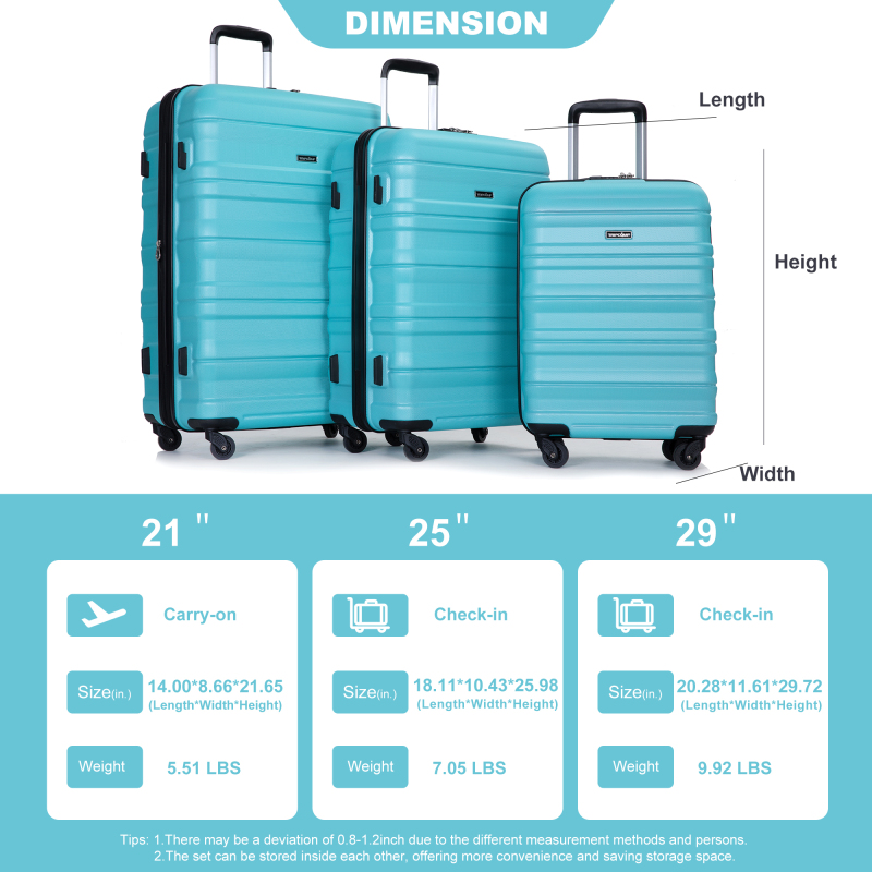Expandable 3 Piece Luggage Sets PC Lightweight & Durable Suitcase with Two Hooks, Spinner Wheels, TSA Lock, (21/25/29) AQUA BLUE 