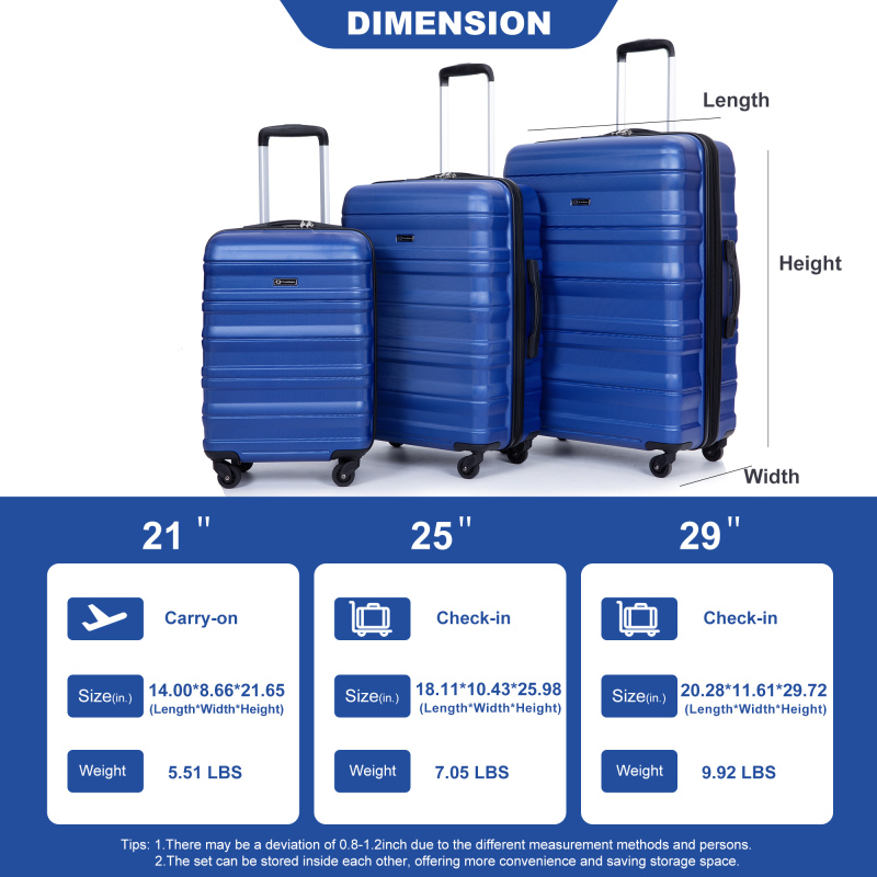 Expandable 3 Piece Luggage Sets PC Lightweight & Durable Suitcase with Two Hooks, Spinner Wheels, TSA Lock, (21/25/29) Dark Blue