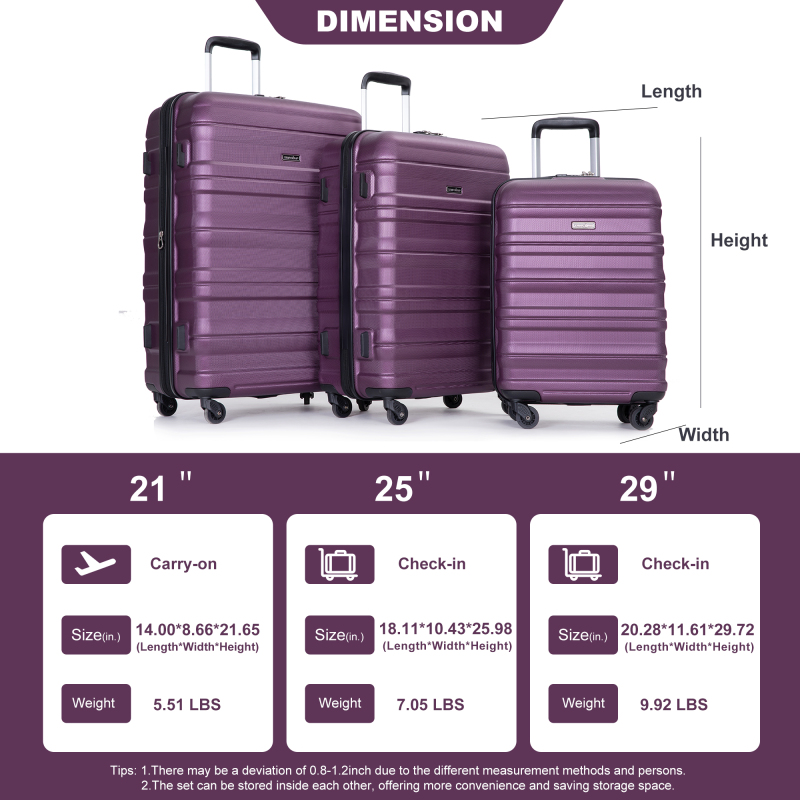 Expandable 3 Piece Luggage Sets PC Lightweight & Durable Suitcase with Two Hooks, Spinner Wheels, TSA Lock, (21/25/29) Dark Purple 