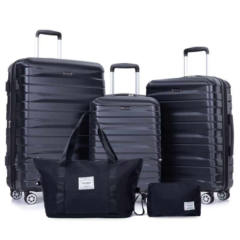 Luggage set of 5 pieces, expandable hard PC luggage set with TSA lock for rotating wheels, lightweight rolling luggage for men and women, Black