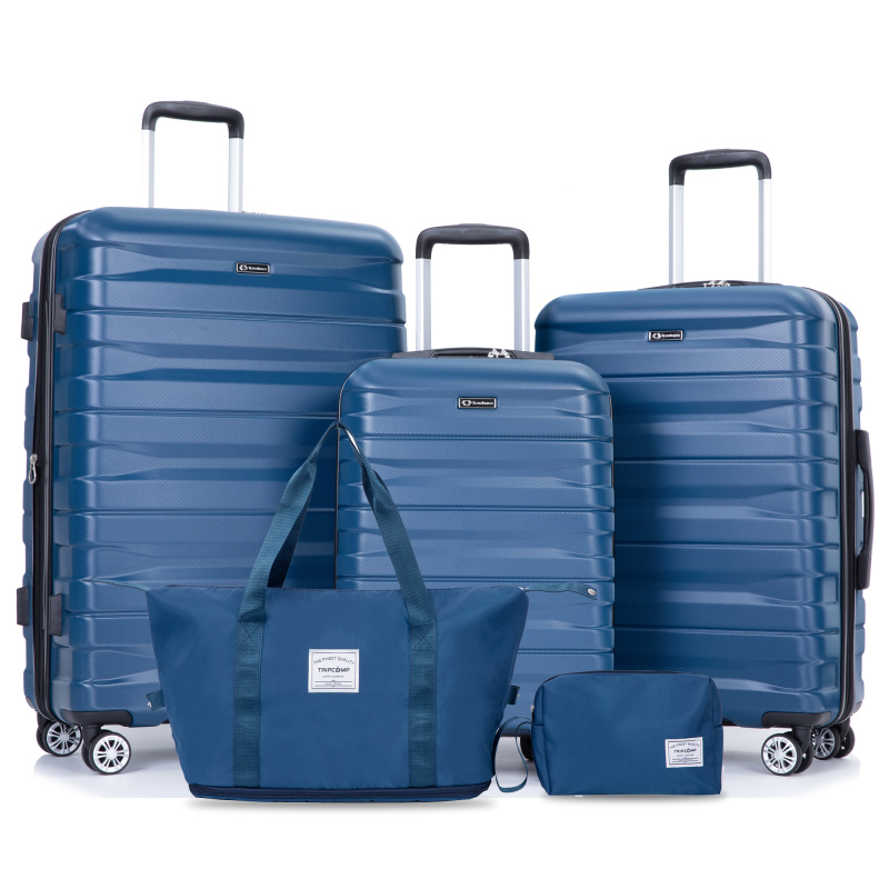 Luggage set of 5 pieces, expandable hard PC luggage set with TSA lock for rotating wheels, lightweight rolling luggage for men and women, Dark Blue 