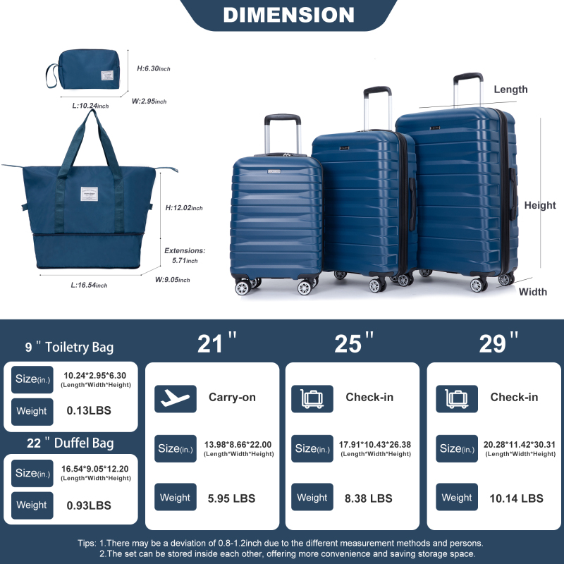 Luggage set of 5 pieces, expandable hard PC luggage set with TSA lock for rotating wheels, lightweight rolling luggage for men and women, Dark Blue 