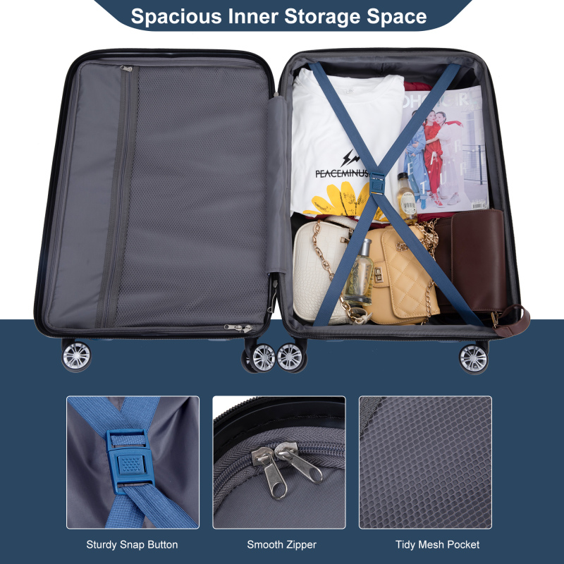 Luggage set of 5 pieces, expandable hard PC luggage set with TSA lock for rotating wheels, lightweight rolling luggage for men and women, Dark Blue 