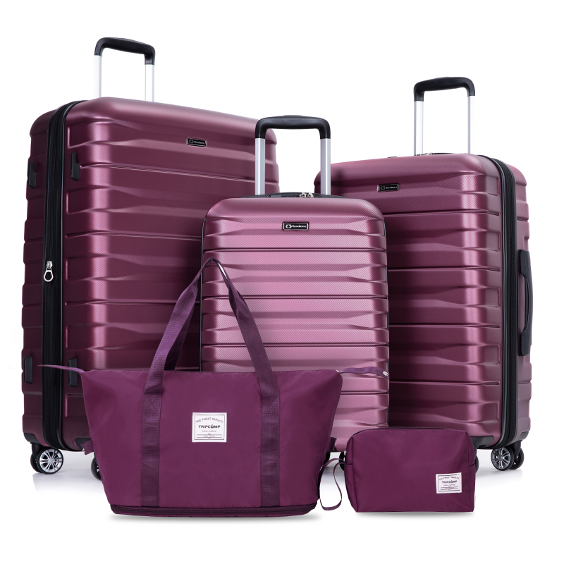 Luggage set of 5 pieces, expandable hard PC luggage set with TSA lock for rotating wheels, lightweight rolling luggage for men and women, Wine Red