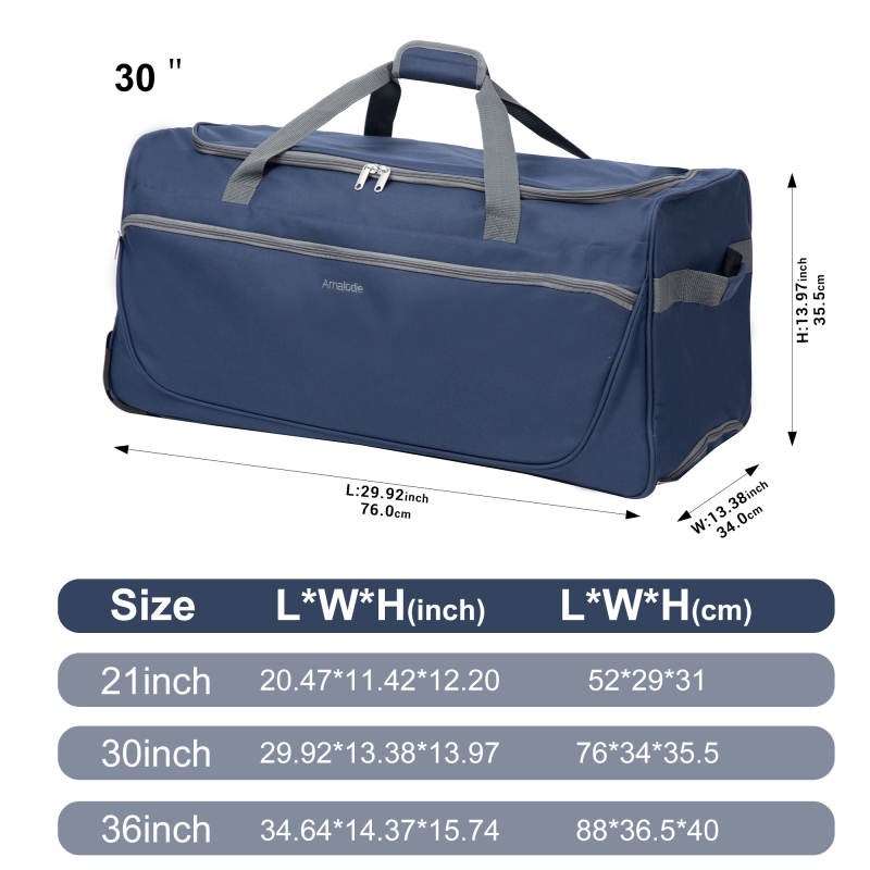 Amalodie Bag 36"Polyester Rolling Collapsible Wheeled Duffel Bag for Traveling, Blue