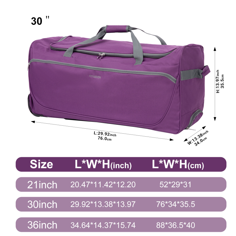 Amalodie Bag 36"Polyester Rolling Collapsible Wheeled Duffel Bag for Traveling, Purple