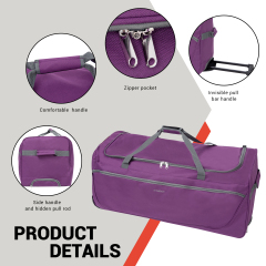 Amalodie Bag 36"Polyester Rolling Collapsible Wheeled Duffel Bag for Traveling, Purple