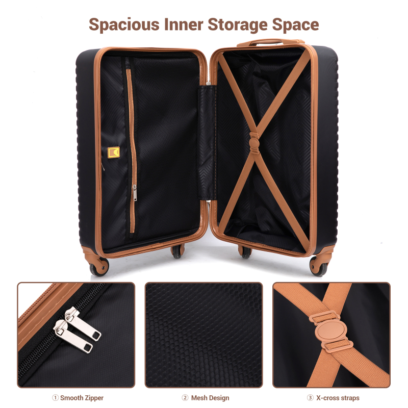 Landisun 3 Piece Carry-on Luggage Sets, Hardside Suitcase Set with Spinner Wheels, Portable Travel Bag and Toiletry Bag, Black
