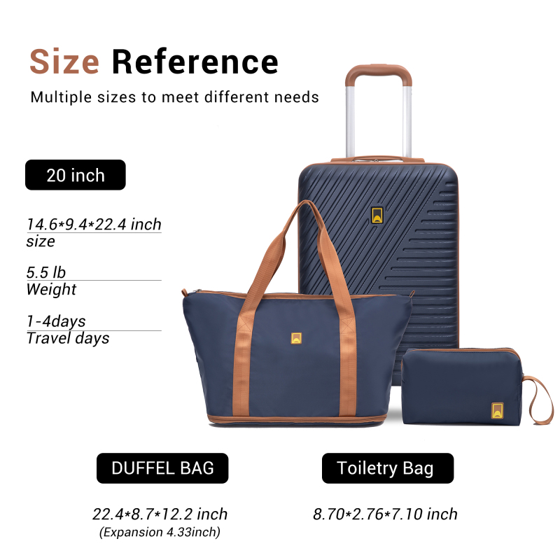 Landisun 3 Piece Carry-on Luggage Sets, Hardside Suitcase Set with Spinner Wheels, Portable Travel Bag and Toiletry Bag, Blue