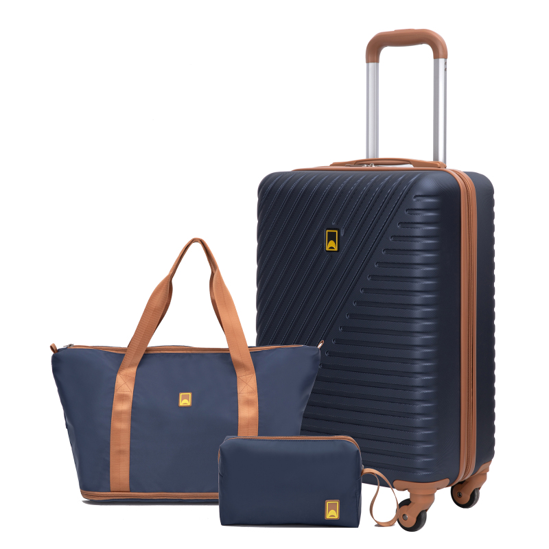 Landisun 3 Piece Carry-on Luggage Sets, Hardside Suitcase Set with Spinner Wheels, Portable Travel Bag and Toiletry Bag, Blue