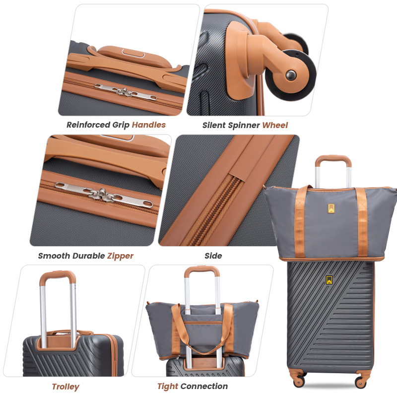 Landisun 3 Piece Carry-on Luggage Sets, Hardside Suitcase Set with Spinner Wheels, Portable Travel Bag and Toiletry Bag, Gray