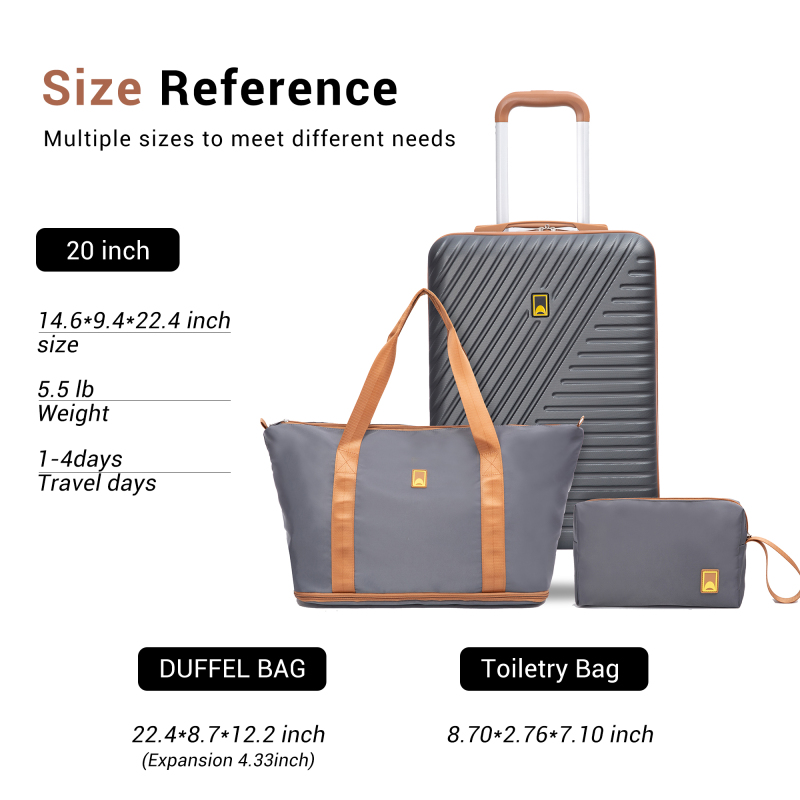 Landisun 3 Piece Carry-on Luggage Sets, Hardside Suitcase Set with Spinner Wheels, Portable Travel Bag and Toiletry Bag, Gray