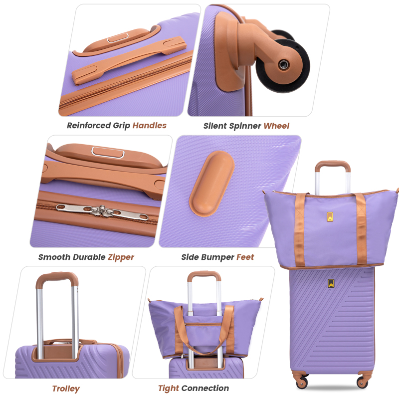 Landisun 3 Piece Carry-on Luggage Sets, Hardside Suitcase Set with Spinner Wheels, Portable Travel Bag and Toiletry Bag, Light Purple