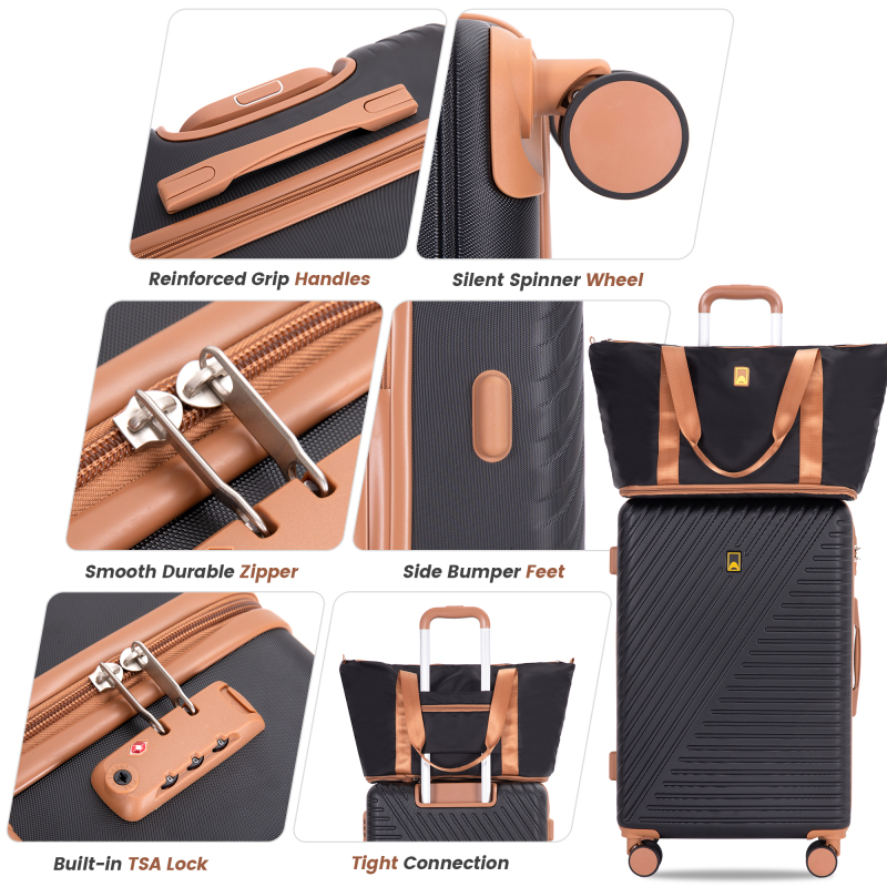 Luggage Sets 6 Piece, Hardshell Suitcase Set with Spinner Wheels, TSA Lock with Duffel Bag and 2 Piece Packing Cubes, Black