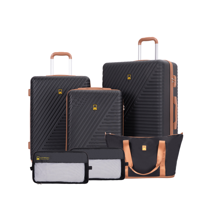 Luggage Sets 6 Piece, Hardshell Suitcase Set with Spinner Wheels, TSA Lock with Duffel Bag and 2 Piece Packing Cubes, Black